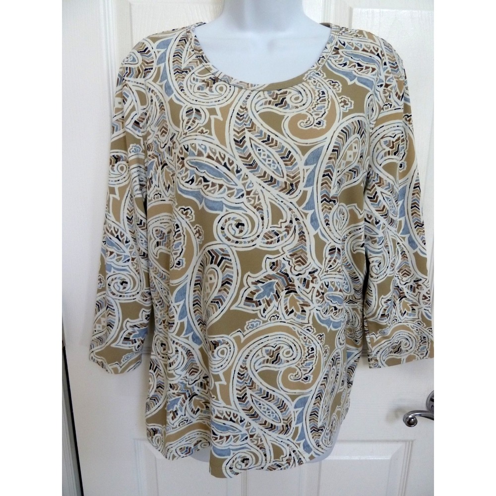 J. McLaughlin XL Catalina Cloth 3/4 Sleeve Paisley Top Beige Blue White Career